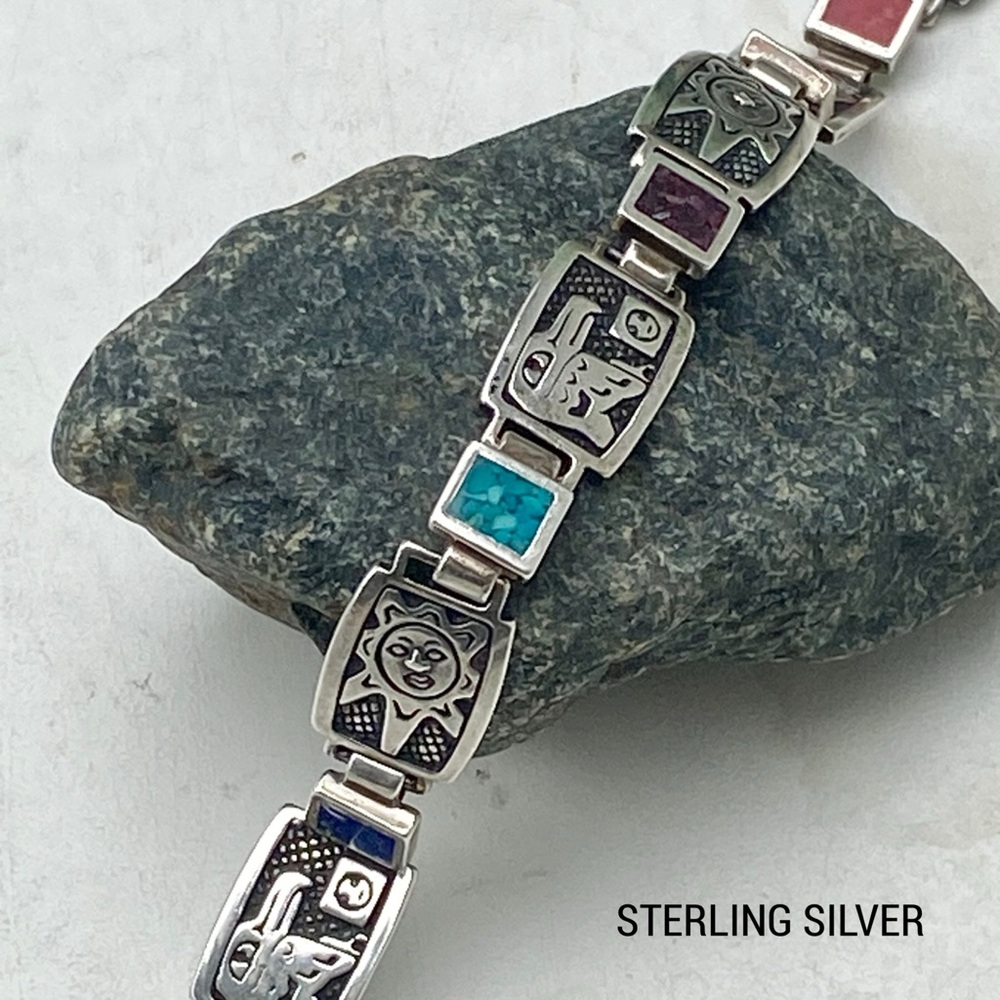 Vintage Shube’s Sterling Silver Thunderbird & Sun, Inlay Stones Link Bracelet